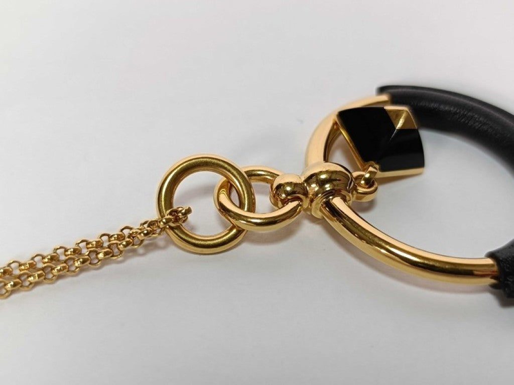 HERMES エルメス ネックレス ループ メドール PM ゴールド ブラック系 メタル レザー レディース 美品