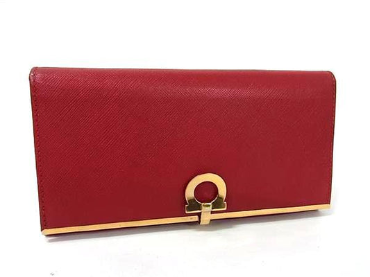 Salvatore Ferragamo フェラガモ 財布 ガンチーニ レッド レザー レディース 二つ折り 長財布 クリップ ゴールド金具