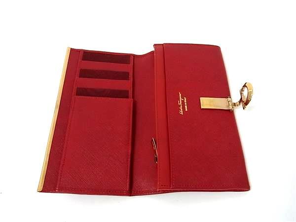 Salvatore Ferragamo フェラガモ 財布 ガンチーニ レッド レザー レディース 二つ折り 長財布 クリップ ゴールド金具