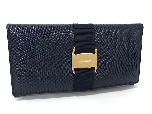 Salvatore Ferragamo フェラガモ 財布 ヴァラ 22 3059 ネイビー リザード型押しレザー レディース 二つ折り 長財布 ゴールド金具 美品