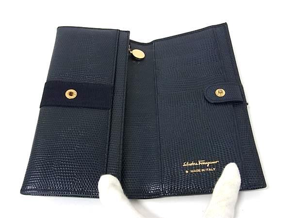 Salvatore Ferragamo フェラガモ 財布 ヴァラ 22 3059 ネイビー リザード型押しレザー レディース 二つ折り 長財布 ゴールド金具 美品