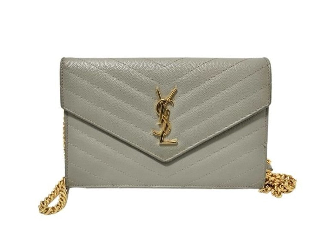 YVES SAINT LAURENT イヴサンローラン チェーンウォレット カサンドラ 393953 グレー系 レザー レディース Ｖステッチ ゴールド金具