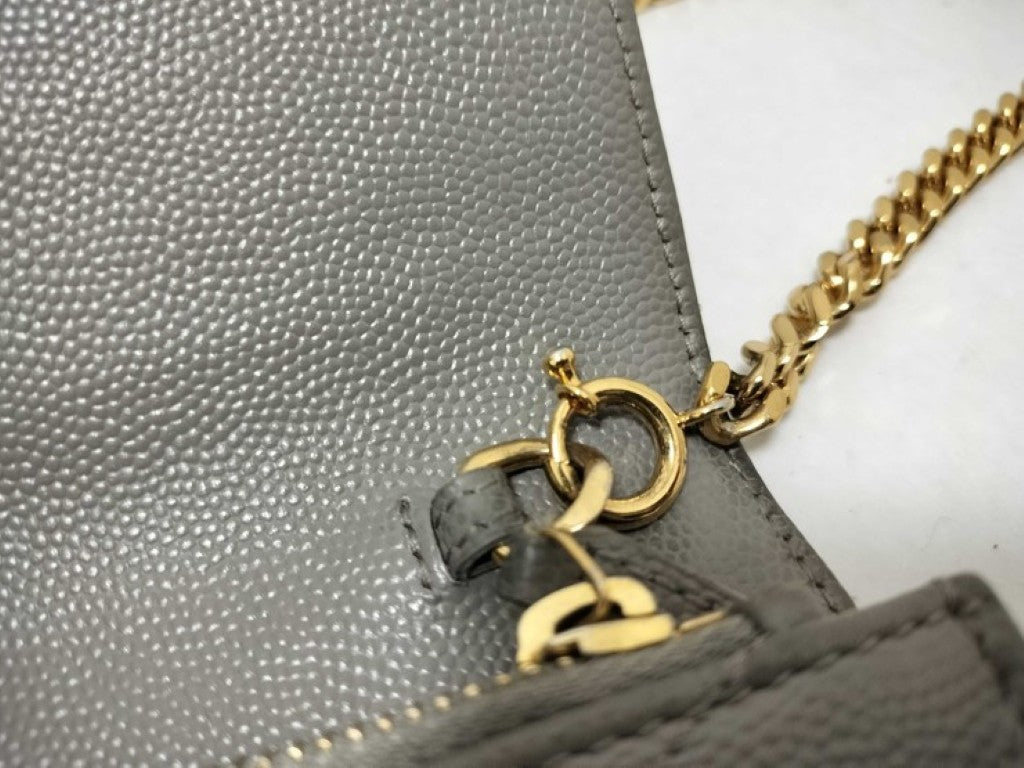 YVES SAINT LAURENT イヴサンローラン チェーンウォレット カサンドラ 393953 グレー系 レザー レディース Ｖステッチ ゴールド金具