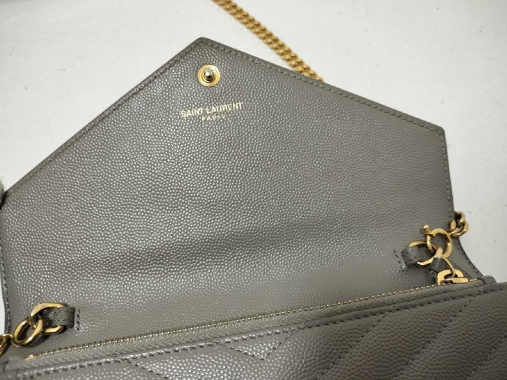 YVES SAINT LAURENT イヴサンローラン チェーンウォレット カサンドラ 393953 グレー系 レザー レディース Ｖステッチ ゴールド金具
