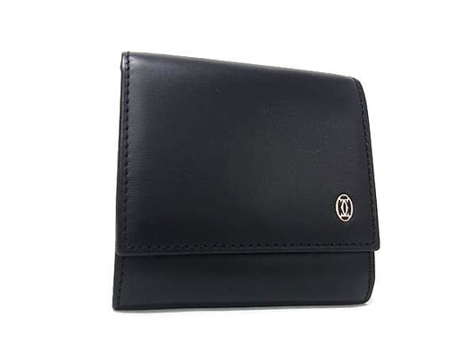 CARTIER カルティエ コインケース パシャ ブラック系 レザー メンズ シルバー金具 美品