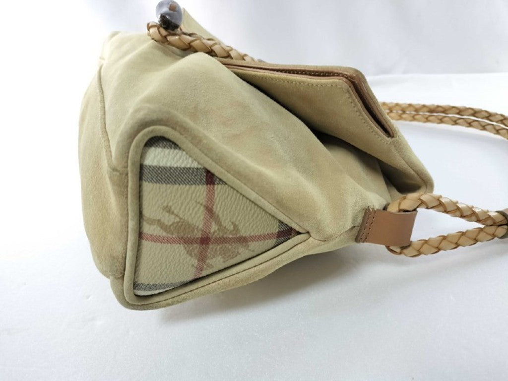BURBERRY バーバリー ハンドバッグ ヘイマーケット ベージュ系 カーキ マルチカラー スエード レディース 編み込み ショルダーバッグ 美品