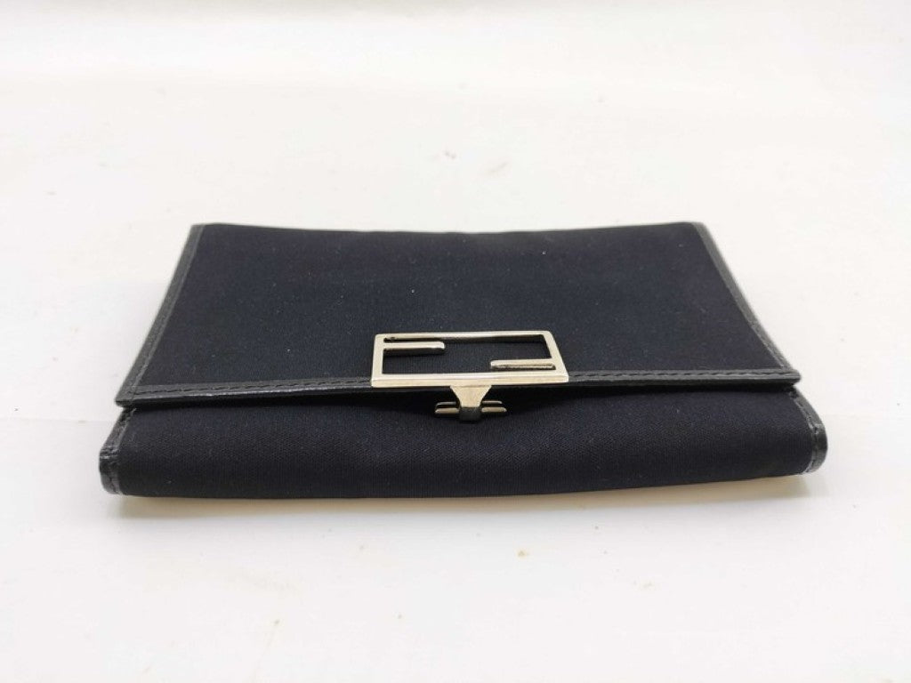 FENDI フェンディ 長財布 07-15829/0-012 ブラック系 キャンバス レザー レディース 三つ折り シルバー金具 美品