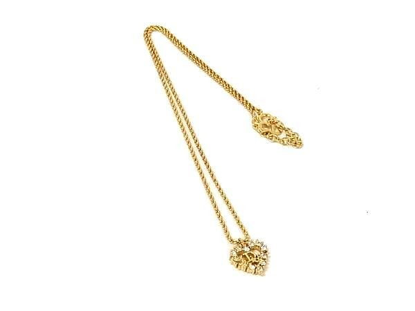 Christian Dior ディオール ネックレス ハート ロゴ ゴールド系 メタル ラインストーン レディース ヴィンテージ 超美品