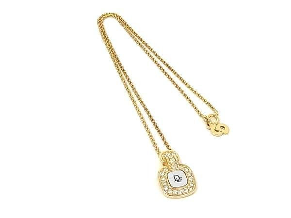 Christian Dior ディオール ネックレス スクエア ロゴ ゴールド シルバー系 メタル ラインストーン レディース ヴィンテージ 美品