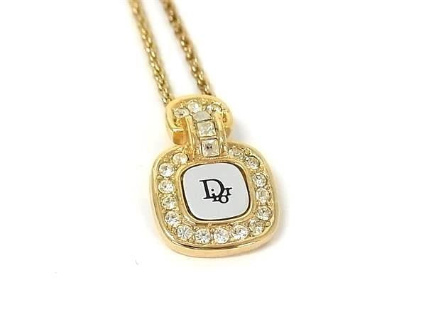 Christian Dior ディオール ネックレス スクエア ロゴ ゴールド シルバー系 メタル ラインストーン レディース ヴィンテージ 美品