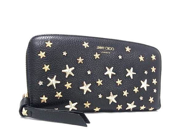 JIMMY CHOO ジミーチュウ 長財布 フィリパ ブラック系 レザー レディース ラウンドファスナー ゴールド金具 美品