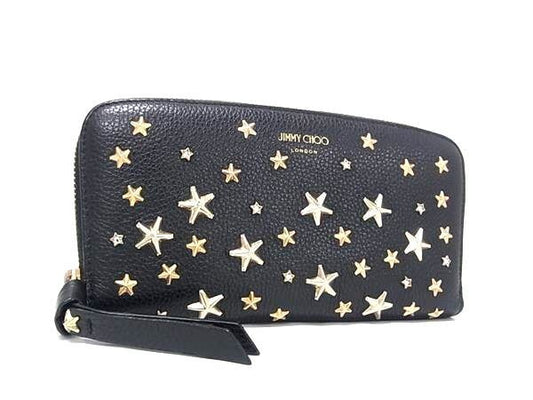 JIMMY CHOO ジミーチュウ 長財布 フィリパ ブラック系 レザー レディース ラウンドファスナー ゴールド金具 美品