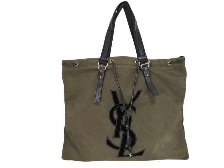 Yves Saint Laurent イヴサンローラン トートバッグ リヴゴーシュ カハラ 121627 カーキ ブラウン系 キャンバス レザー レディース 美品