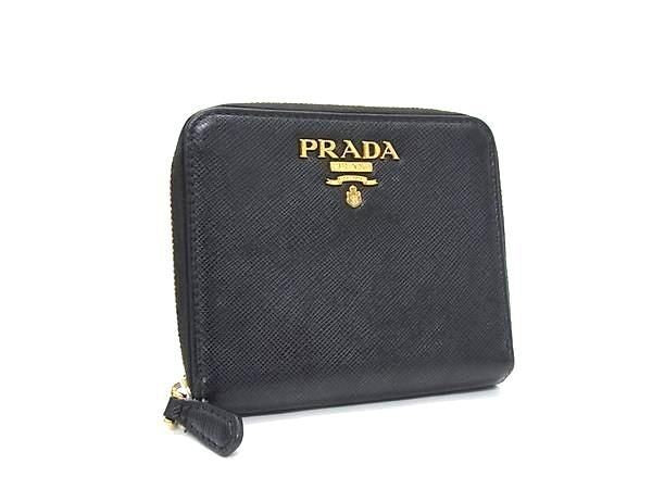 PRADA プラダ 二つ折り財布 コンパクトウォレット 1ML036 ブラック系 サフィアーノレザー レディース ゴールド金具 美品