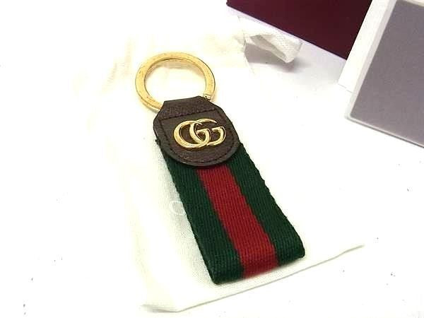 GUCCI グッチ キーホルダー GGマーモント ウェブストライプ キーチェーン 523161 グリーン レッド ブラウン系 キャンバス×レザー ユニセックス ゴールド金具 美品