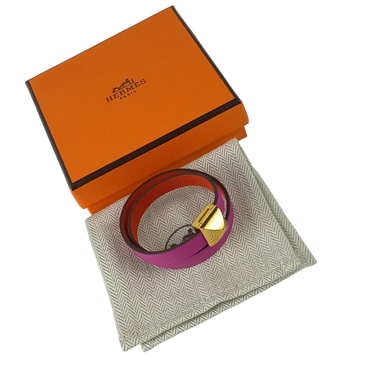 HERMES エルメス ブレスレット メドールアンフィニ パープル系 レッド系 レザー レディース 2連 2重 ゴールド金具 美品