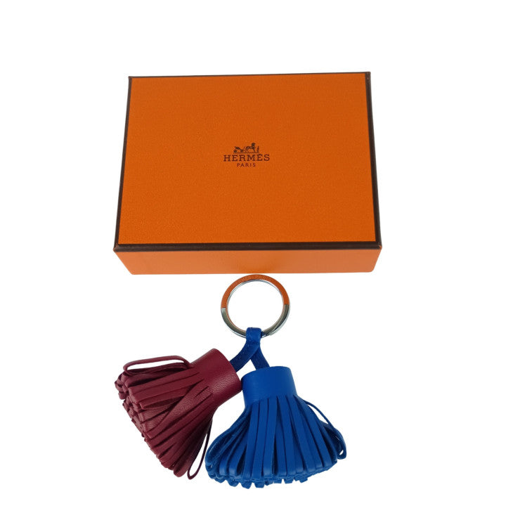 HERMES エルメス キーホルダー カルメンウノドス ブルー系 レッド系 レザー ユニセックス キーリング シルバー金具 美品
