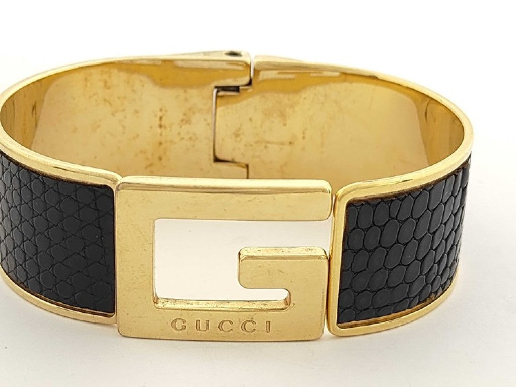 GUCCI グッチ ブレスレット Gロゴ ゴールド ブラック系 メタル リザード型押しレザー レディース バングル