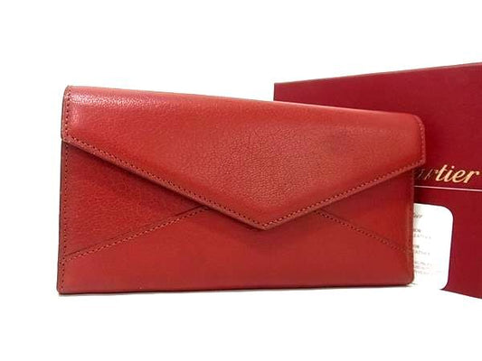 Cartier カルティエ 財布 レ マスト レッド レザー レディース 三つ折り 長財布 美品