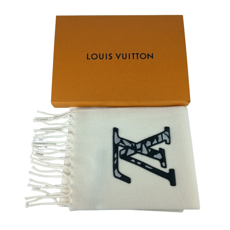 LOUIS VUITTON ルイヴィトン マフラー マフラーLVアイス M79377 ホワイト系 ウール100％ ユニセックス フリンジ 超美品