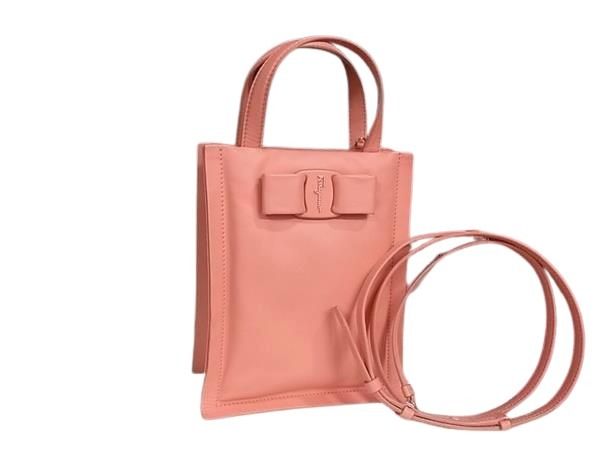 SALVATORE FERRAGAMO フェラガモ ハンドバッグ ヴァラリボン ヴィヴァ GG-212988 ピンク系 レザー レディース 2WAY ショルダーバッグ 美品