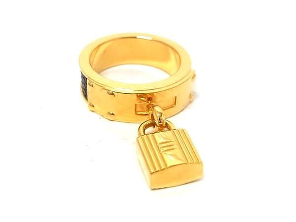 HERMES エルメス スカーフリング ケリー ゴールド系×ブラック系 リザード メタル レディース カデナ 美品