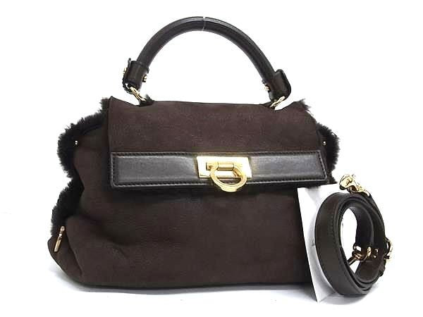 SALVATORE FERRAGAMO フェラガモ ハンドバッグ ガンチーニ EZ-21 E784 ブラウン系 ムートン レディース 2WAY ショルダーバッグ ゴールド金具 美品