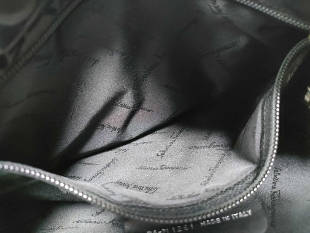 Salvatore Ferragamo フェラガモ トートバッグ ガンチーニ トリフォリオ バケットバッグ BA-21 1261 ブラック系 ナイロン x レザー レディース シルバー金具 美品