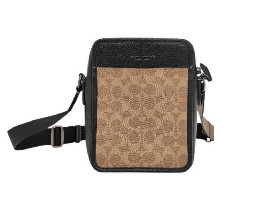 COACH コーチ ショルダーバッグ シグネチャー サリバン CAT78 ベージュ ブラック系 PVC レザー メンズ 美品