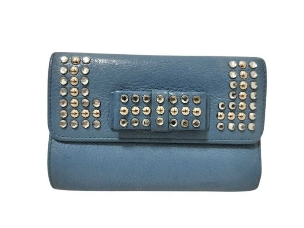 miu miu ミュウミュウ 2つ折財布 マドラス クリスタル 5M1225 ブルー系 レザー レディース スタッズ リボン L字ファスナー シルバー金具 美品