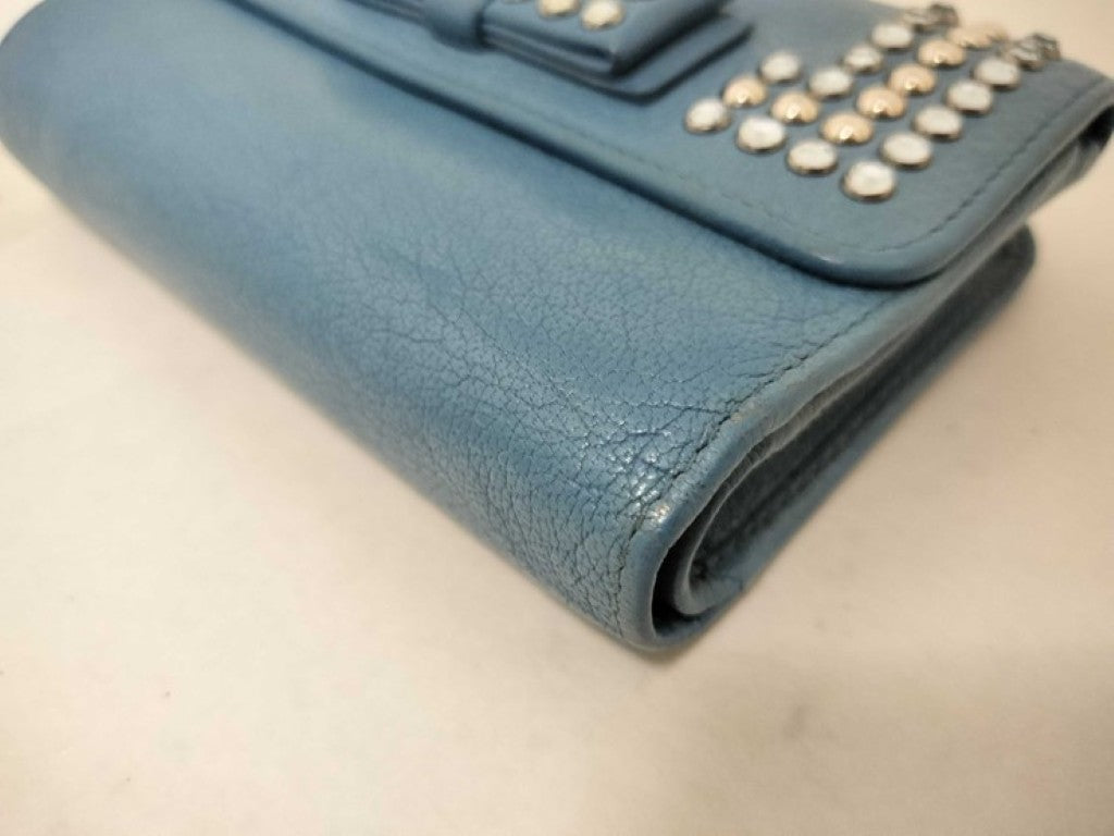 miu miu ミュウミュウ 2つ折財布 マドラス クリスタル 5M1225 ブルー系 レザー レディース スタッズ リボン L字ファスナー シルバー金具 美品