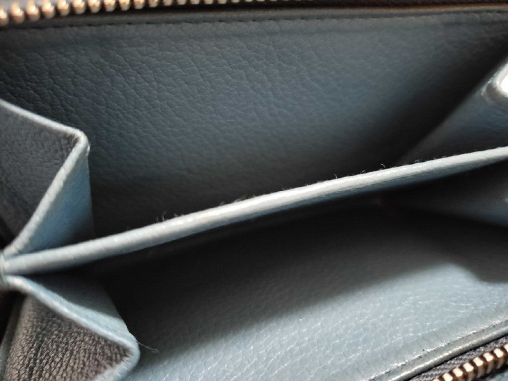 miu miu ミュウミュウ 2つ折財布 マドラス クリスタル 5M1225 ブルー系 レザー レディース スタッズ リボン L字ファスナー シルバー金具 美品