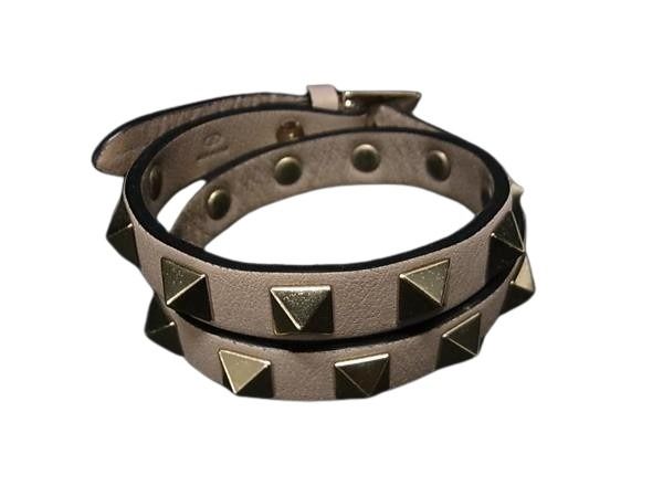 VALENTINO GARAVANI ヴァレンティノ ガラヴァーニ ブレスレット ロックスタッズ ライトトープ系 レザー レディース 2重 美品