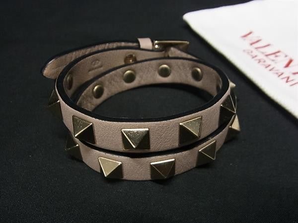 VALENTINO GARAVANI ヴァレンティノ ガラヴァーニ ブレスレット ロックスタッズ ライトトープ系 レザー レディース 2重 美品