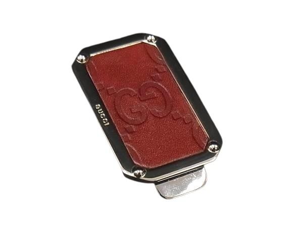 GUCCI グッチ マネークリップ グッチシマ シルバー ブラウン レザー メタル ユニセックス 美品