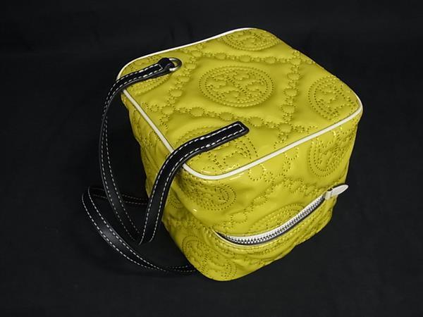TORY BURCH トリーバーチ ハンドバッグ Tモノグラム キューブバッグ イエロー ブラック パテントレザー レザー レディース エンボス 2WAY 美品