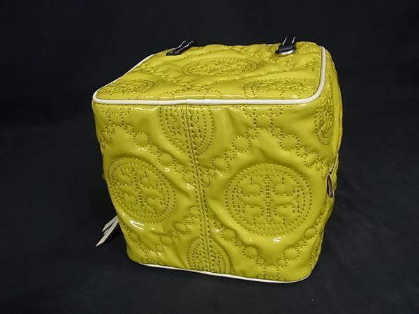 TORY BURCH トリーバーチ ハンドバッグ Tモノグラム キューブバッグ イエロー ブラック パテントレザー レザー レディース エンボス 2WAY 美品