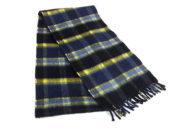 PRADA プラダ マフラー 1FS018 ネイビー イエロー カシミヤ100％ ユニセックス チェック柄 フリンジ 超美品