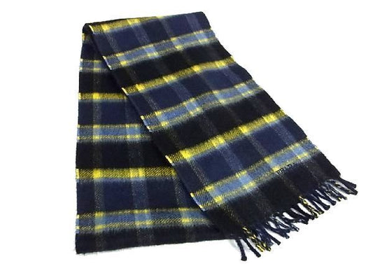PRADA プラダ マフラー 1FS018 ネイビー イエロー カシミヤ100％ ユニセックス チェック柄 フリンジ 超美品