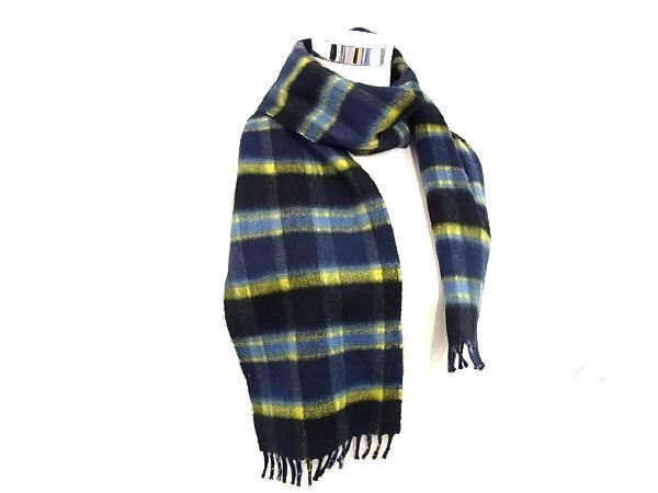 PRADA プラダ マフラー 1FS018 ネイビー イエロー カシミヤ100％ ユニセックス チェック柄 フリンジ 超美品