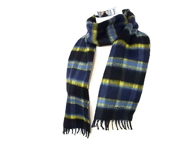 PRADA プラダ マフラー 1FS018 ネイビー イエロー カシミヤ100％ ユニセックス チェック柄 フリンジ 超美品