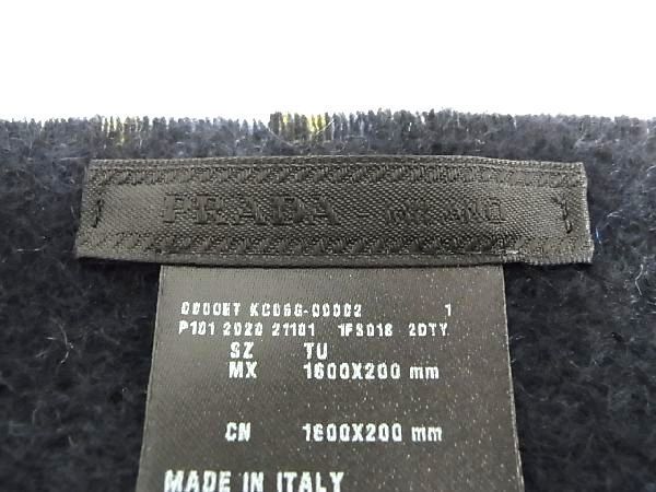 PRADA プラダ マフラー 1FS018 ネイビー イエロー カシミヤ100％ ユニセックス チェック柄 フリンジ 超美品