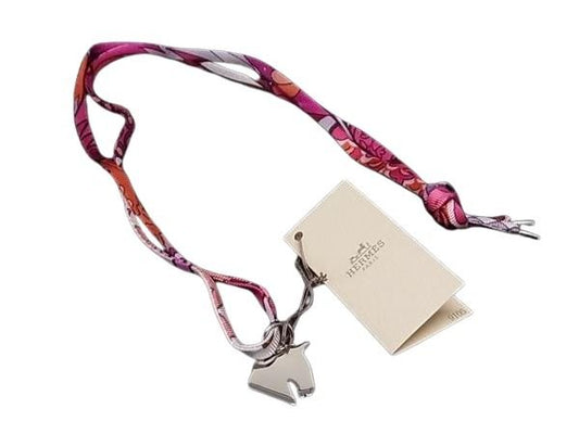 HERMES エルメス ネックレス トゥールビヨン ピンク系 メタル シルク レディース ホース シュバル パリ限定 シルバー金具 新品未使用展示品