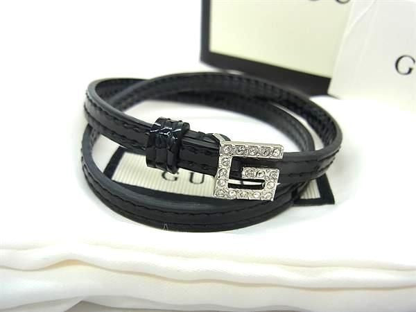 GUCCI グッチ ブレスレット Gロゴ ブラック系 パテントレザー レディース ラインストーン 2連 シルバー金具 超美品