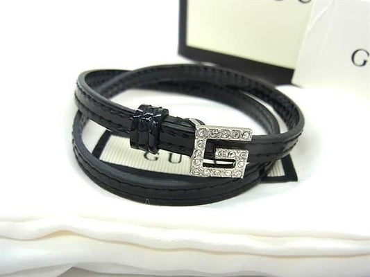 GUCCI グッチ ブレスレット Gロゴ ブラック系 パテントレザー レディース ラインストーン 2連 シルバー金具 超美品