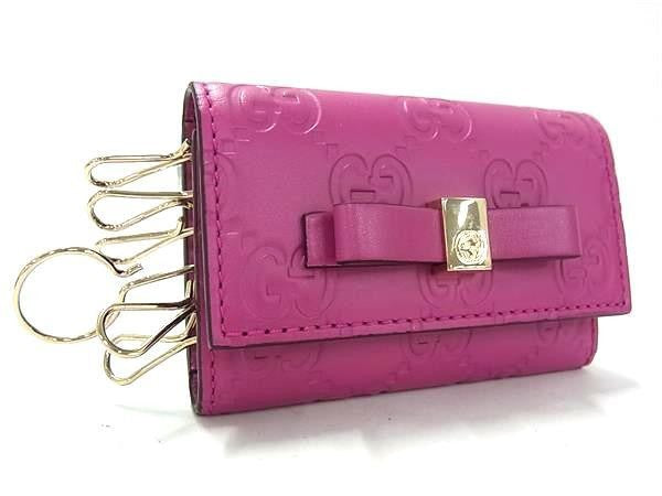 GUCCI グッチ キーケース グッチシマ 388682 ピンク系 レザー レディース 6連 リボン ゴールド金具 超美品
