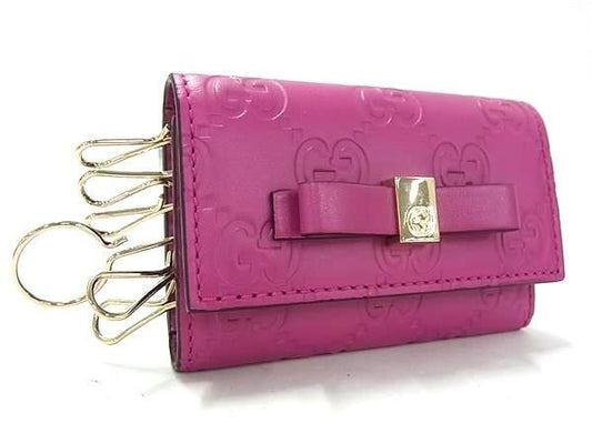 GUCCI グッチ キーケース グッチシマ 388682 ピンク系 レザー レディース 6連 リボン ゴールド金具 超美品