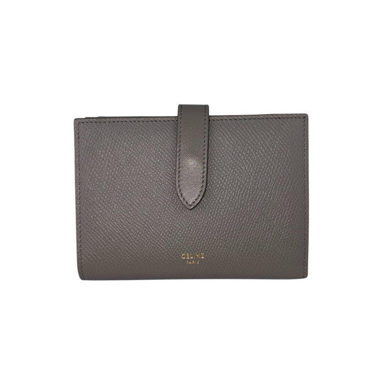 CELINE セリーヌ 二つ折り財布 MEDIUM STRAP WALLET ミディアム ストラップ ウォレット 10B643BFP グレージュ系 レザー レディース ゴールド金具 美品