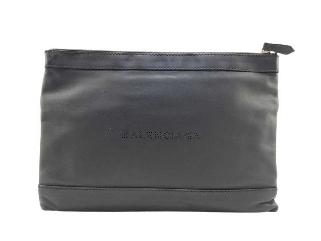 BALENCIAGA バレンシアガ クラッチバッグ ネイビークリップ 373834 ブラック系 レザー メンズ シルバー金具 美品