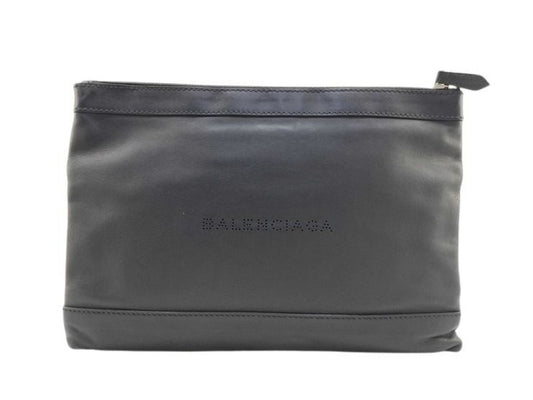 BALENCIAGA バレンシアガ クラッチバッグ ネイビークリップ 373834 ブラック系 レザー メンズ シルバー金具 美品